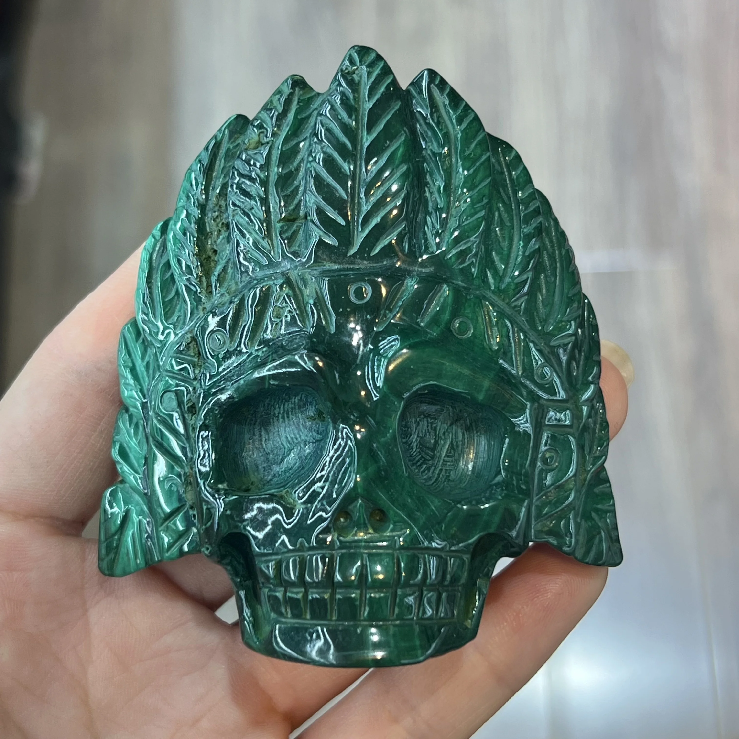 100%Natural Malachite Carved Skull Sculpture Aura Healing Energy Stone Ornaments Home Decoration