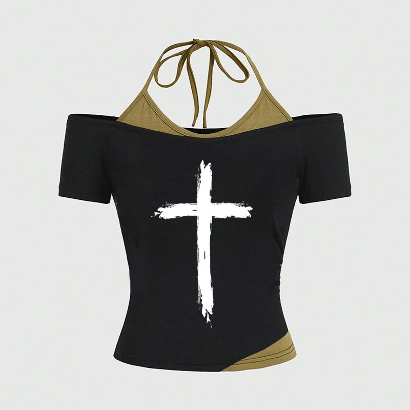 

Новинка 2025, стильная футболка в стиле пэчворк, женские топы с короткими рукавами и двумя бретельками для похудения, с перекрестным принтом