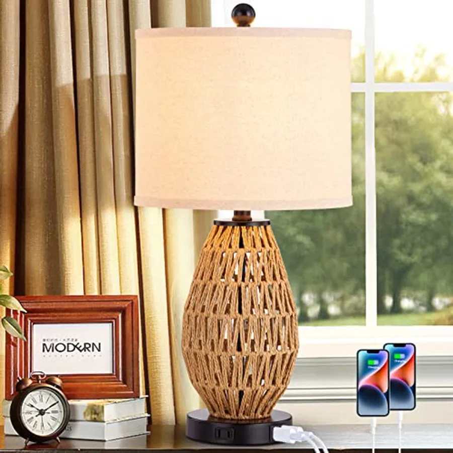 

Touch Control Rattan Table Lamp, 3 Way Dimmable Bedside Lamp for Bedroom with 2 USB Ports and AC Outlet, Wicker Nightstand Lamp