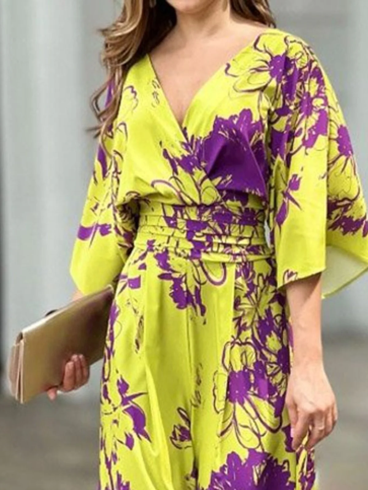 بدلة نسائية بخصر مرتفع وأكمام خفاشية مطبوعة، زي شارع أنيق من قطعة واحدة، خصر منخفض، خامة رقيقة، بنطلون طويل، ملابس عمل