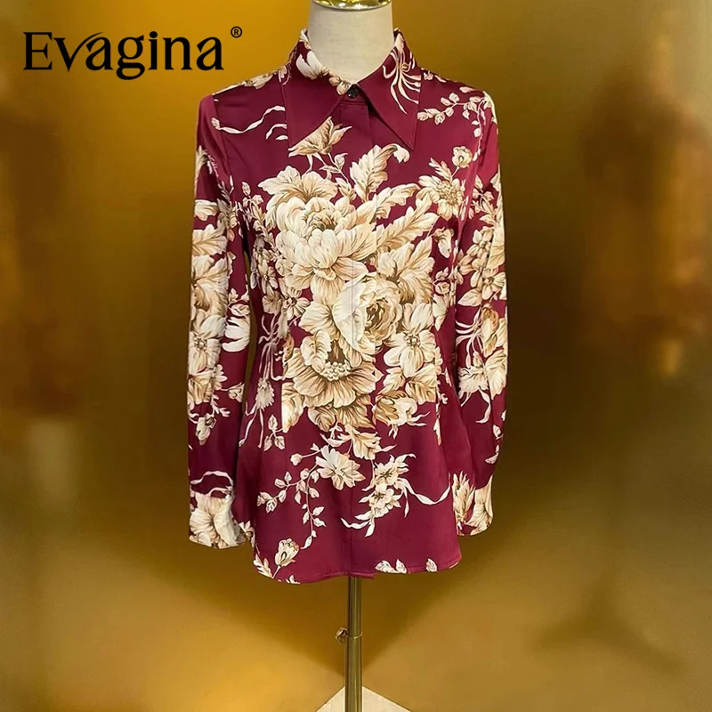 

Evagina 2021, осенняя одежда, ретро-принт, бордовая рубашка с откидным воротником и одной пуговицей, тяжелая шелковая рубашка тутового цвета, облегающая посадка
