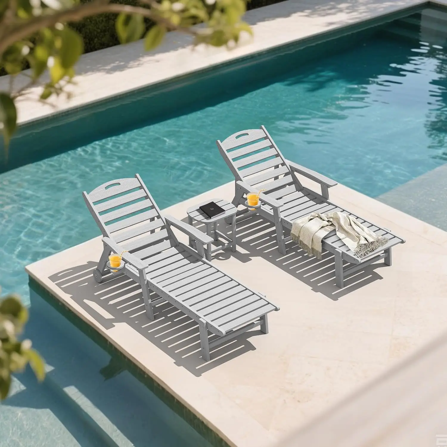 Oversized Patio Chaise Lounge Set of 2, 5-Position Adjustable HDPE Outdoor Chair with Wheels & Cup Holder, Poolside, Customized