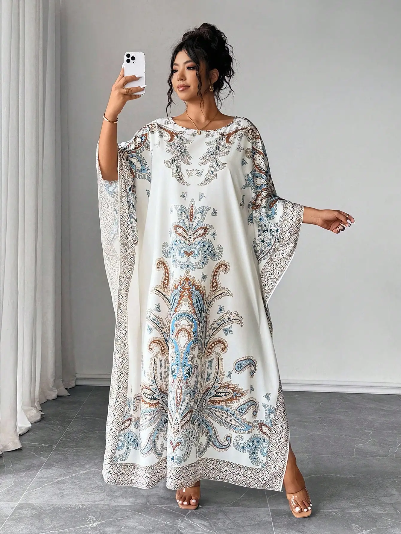 

Платье-абайя больших размеров с рукавами «летучая мышь», круглым вырезом, принтом, свободного кроя, для отпуска и вечеринок