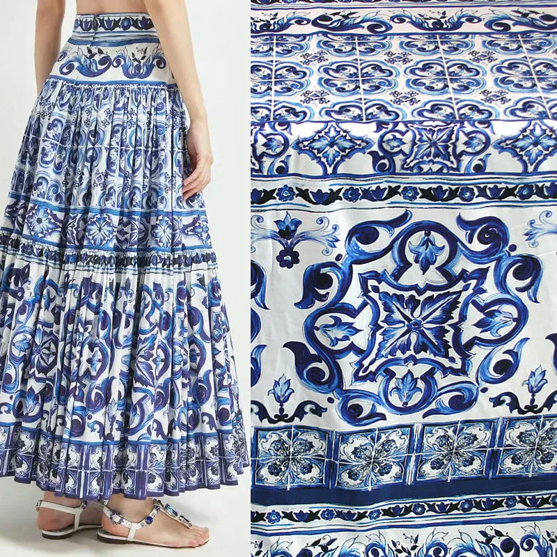 European And American Blue And White Porcelain Vace Printed Cotton Fabric For Woman Skirt Blouse Handmade DIY Cloth Sewing