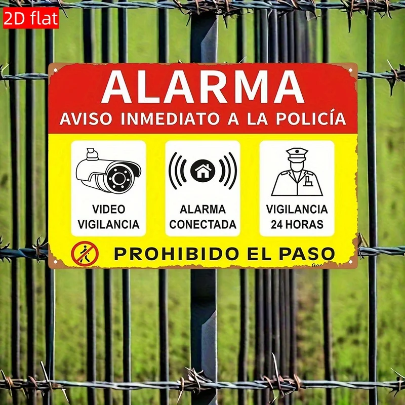 Spanish-Style Metal Alarm Sign with Video Surveillance & Security Camera Warning - 