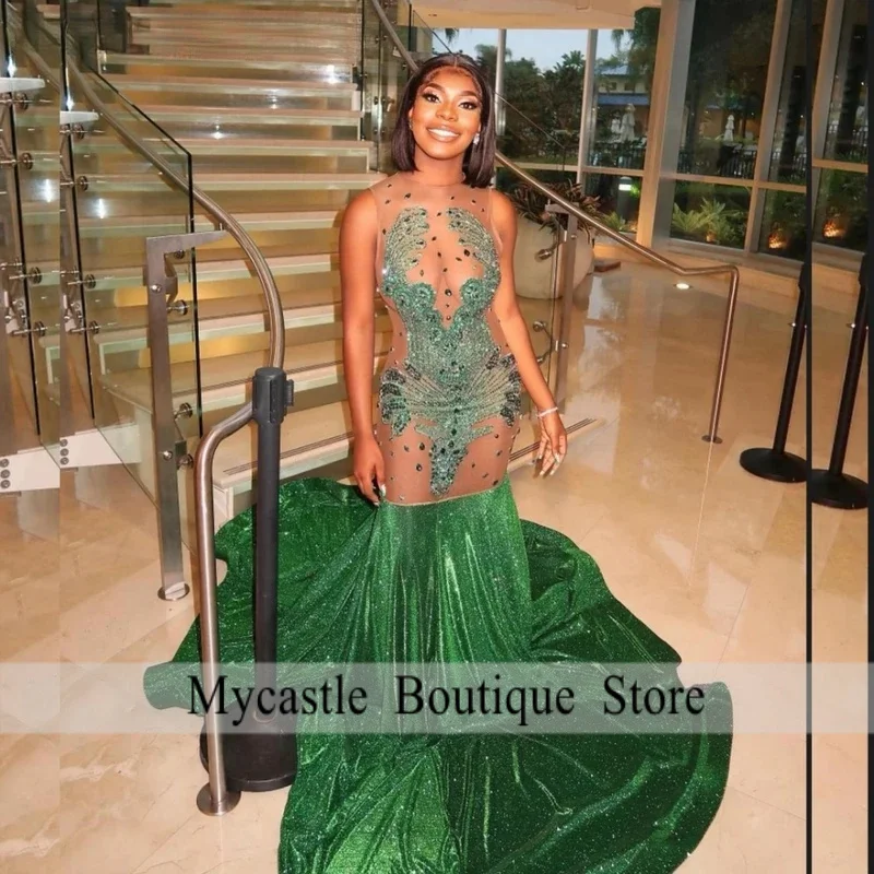 

Customized Sparkly Dark Green Crystal Beading Prom Dress Sheer 2025 Luxury Mermaid Black Girls Party Evening Gowns E2P137