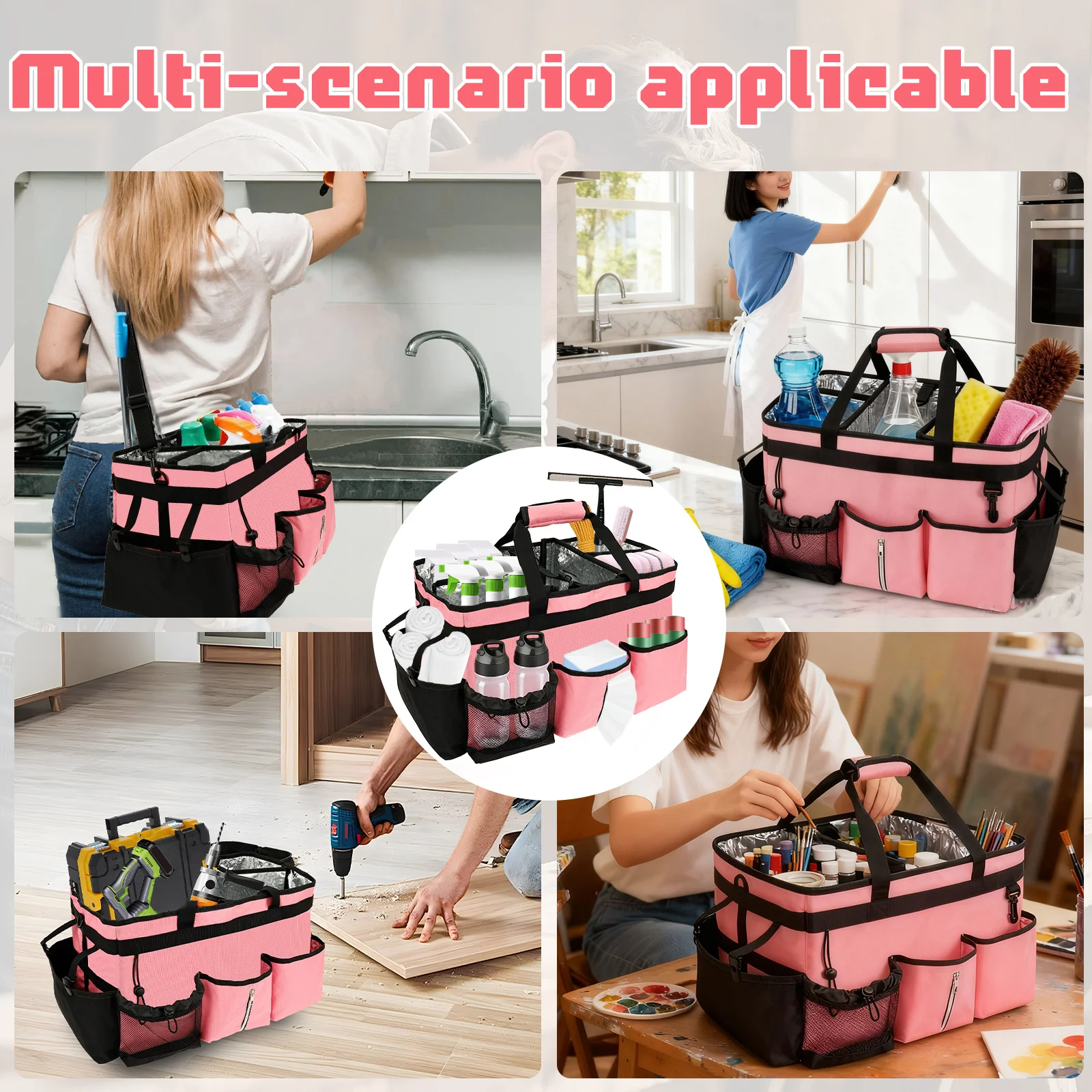 حقيبة تخزين أدوات التنظيف شديدة التحمل يمكن ارتداؤها مع فواصل قابلة للفصل، حقيبة أدوات متعددة الوظائف ذات سعة كبيرة #6