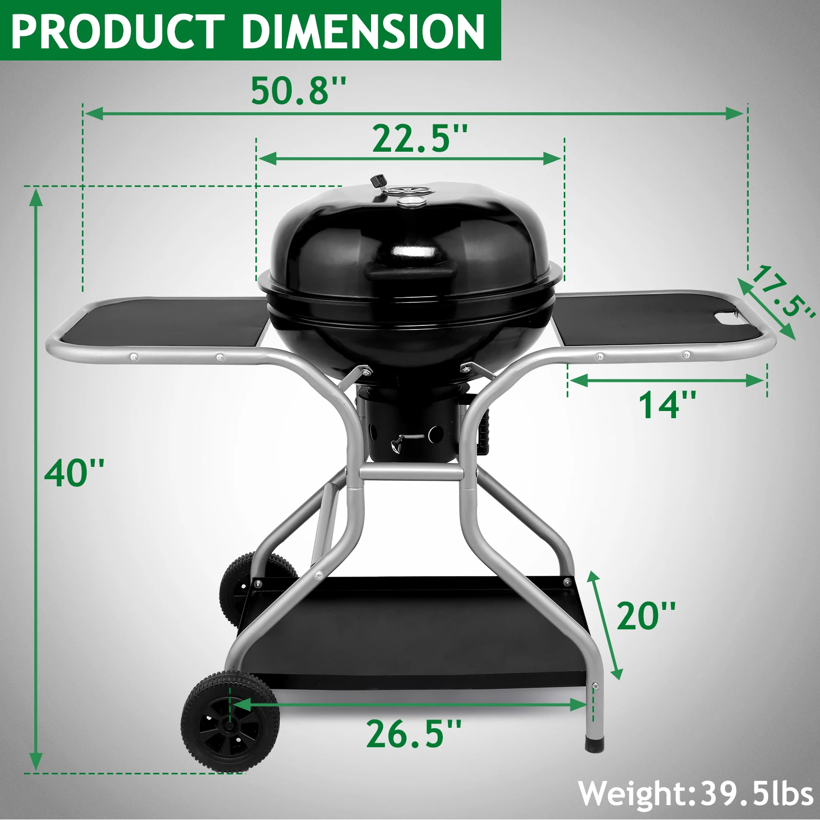 Kettle Charcoal Grill with 2 Side Tables, Storage Shelf, Upgraded Ash Catcher,Outdoor Cooking Barbecue Grill with Wheels