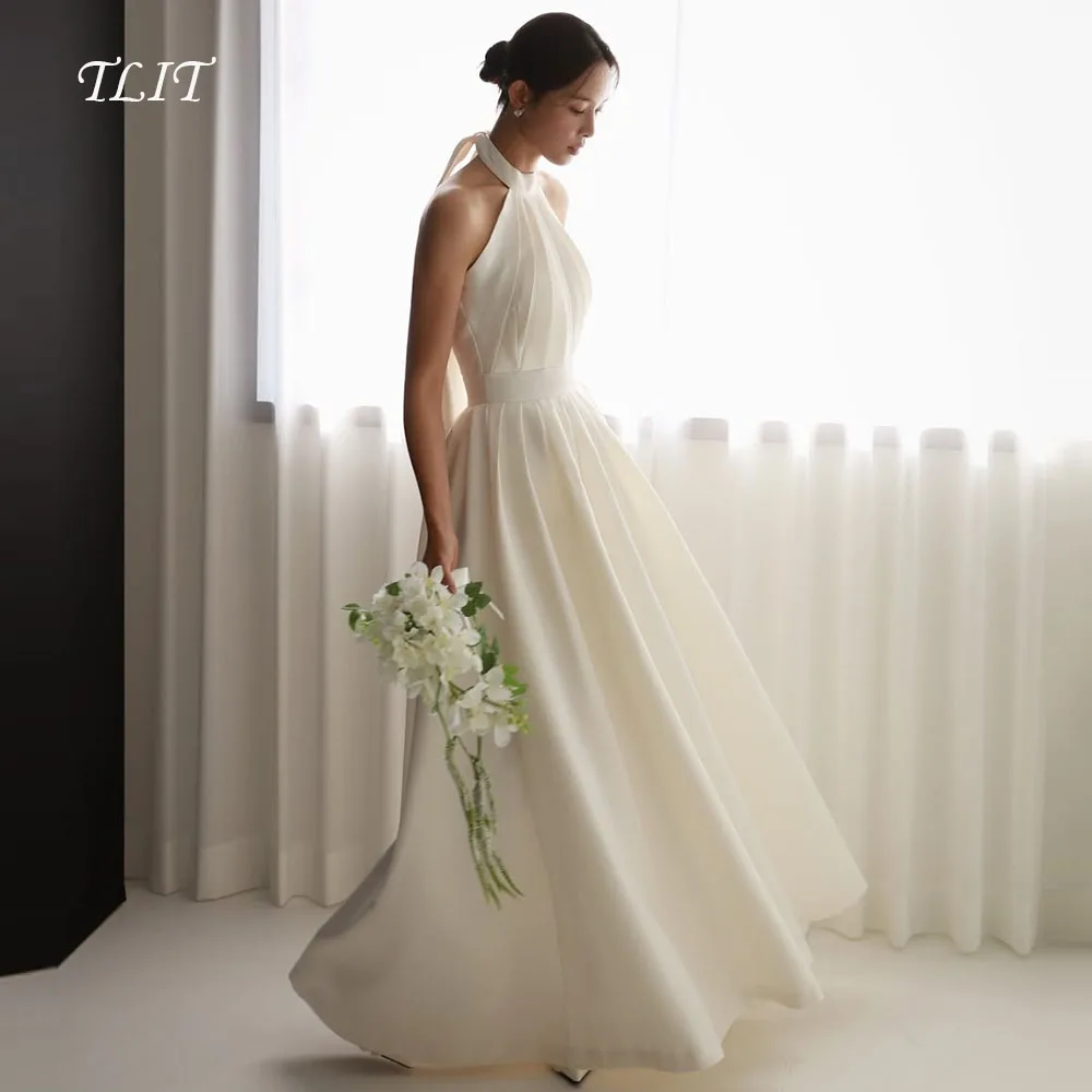 

TLIT Elegant White Silk Satin A-Line Wedding Dress Customized Halter Backless Bridal Gown Korea Wedding Dress Photos Shoot