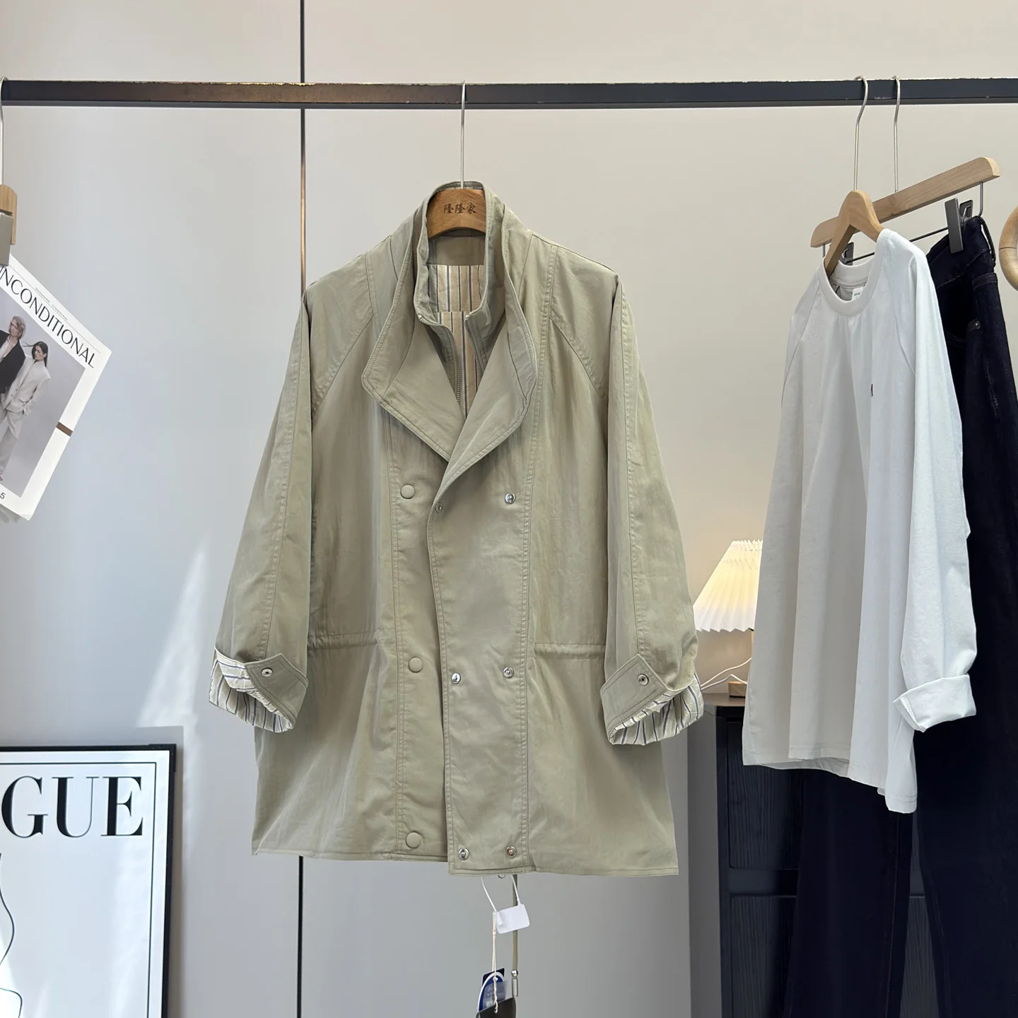 

Облегающая корейская ветровка Jaet с двойным воротником, свободная верхняя одежда, однотонное длинное пальто средней длины на молнии