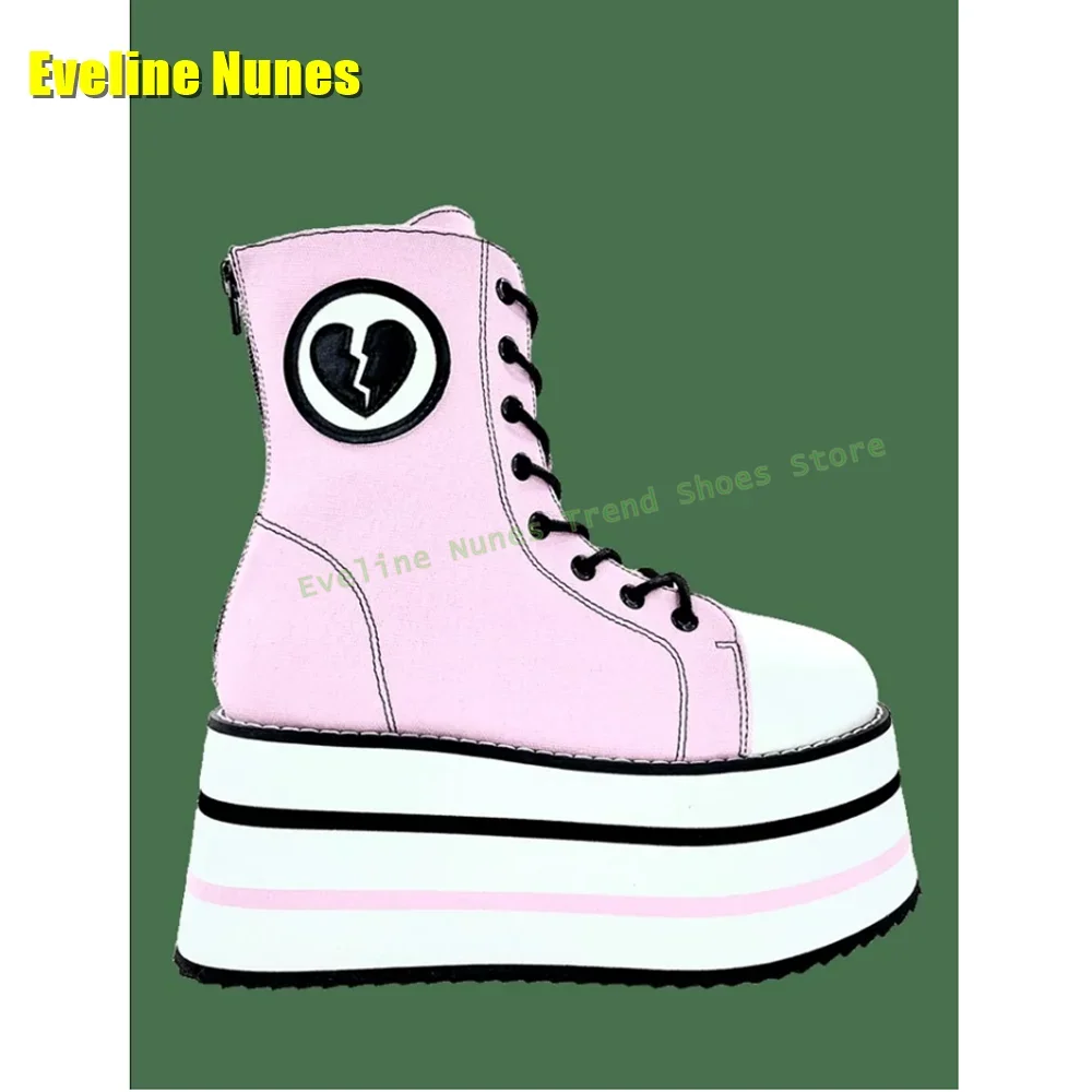 Pink Denim Platform Cross Toed Ankle Boots Round Toe Thick Sole Height Increasing Mixed Colors Spicy Girl Fashion Pumps Spring