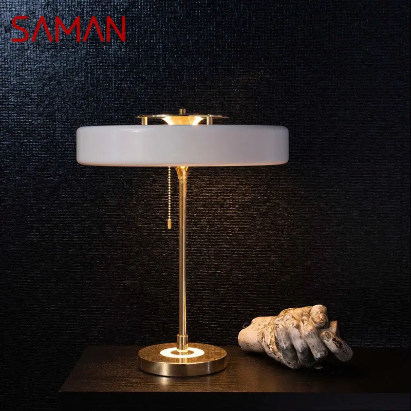 SAMAN lampu meja Modern LED Vintage kreatif, lampu meja samping tempat tidur putih sederhana untuk dekorasi rumah ruang tamu kamar tidur