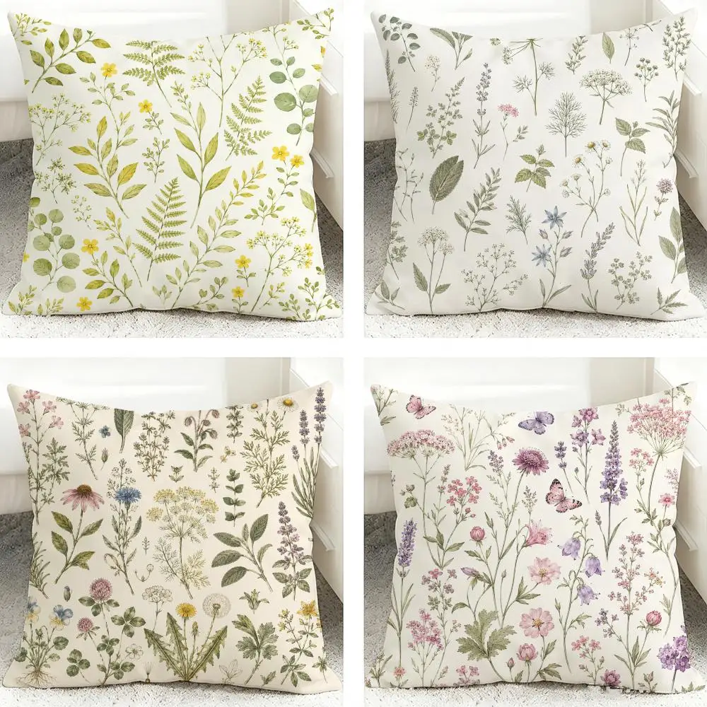 Sage Green Wild Flower Plant Cushion Cover 40x40cm Square Decorative Sofa Cushion Cover Bedroom Living Room Home Decor Gift