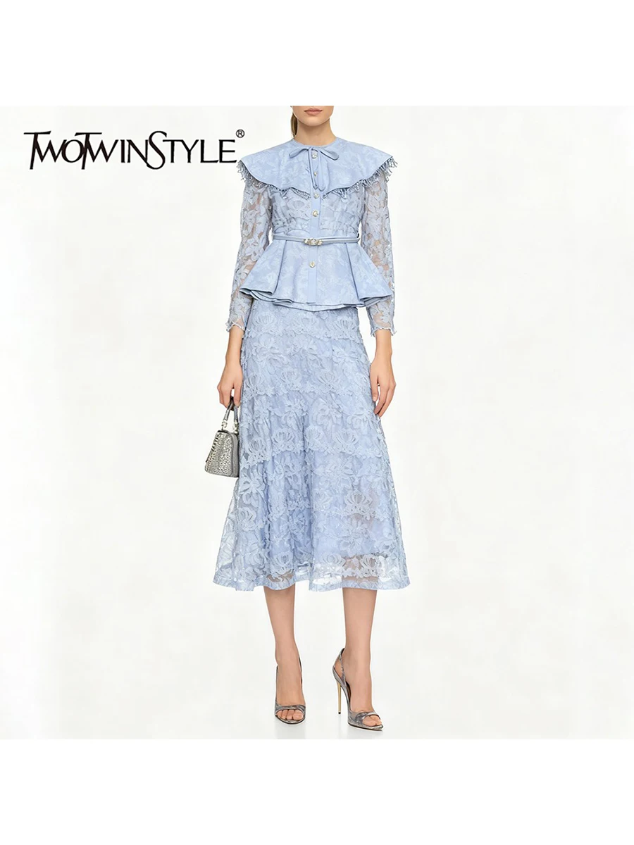 

TWOTWINSTYLE однотонные комплекты из двух предметов с блестками для женщин, комплект из двух предметов с круглым вырезом и длинными рукавами, лоскутный кружевной топ с высокой талией, женский комплект с юбкой