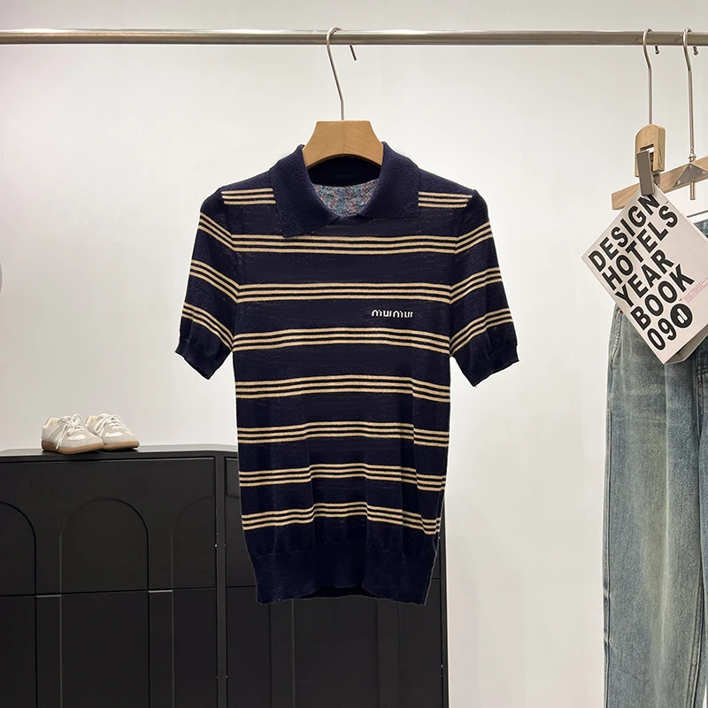 

High-End Casual Knitted Ne ort Sve T-irt Women's Top Faionable Striped Color Blo Sle Spring 2025
