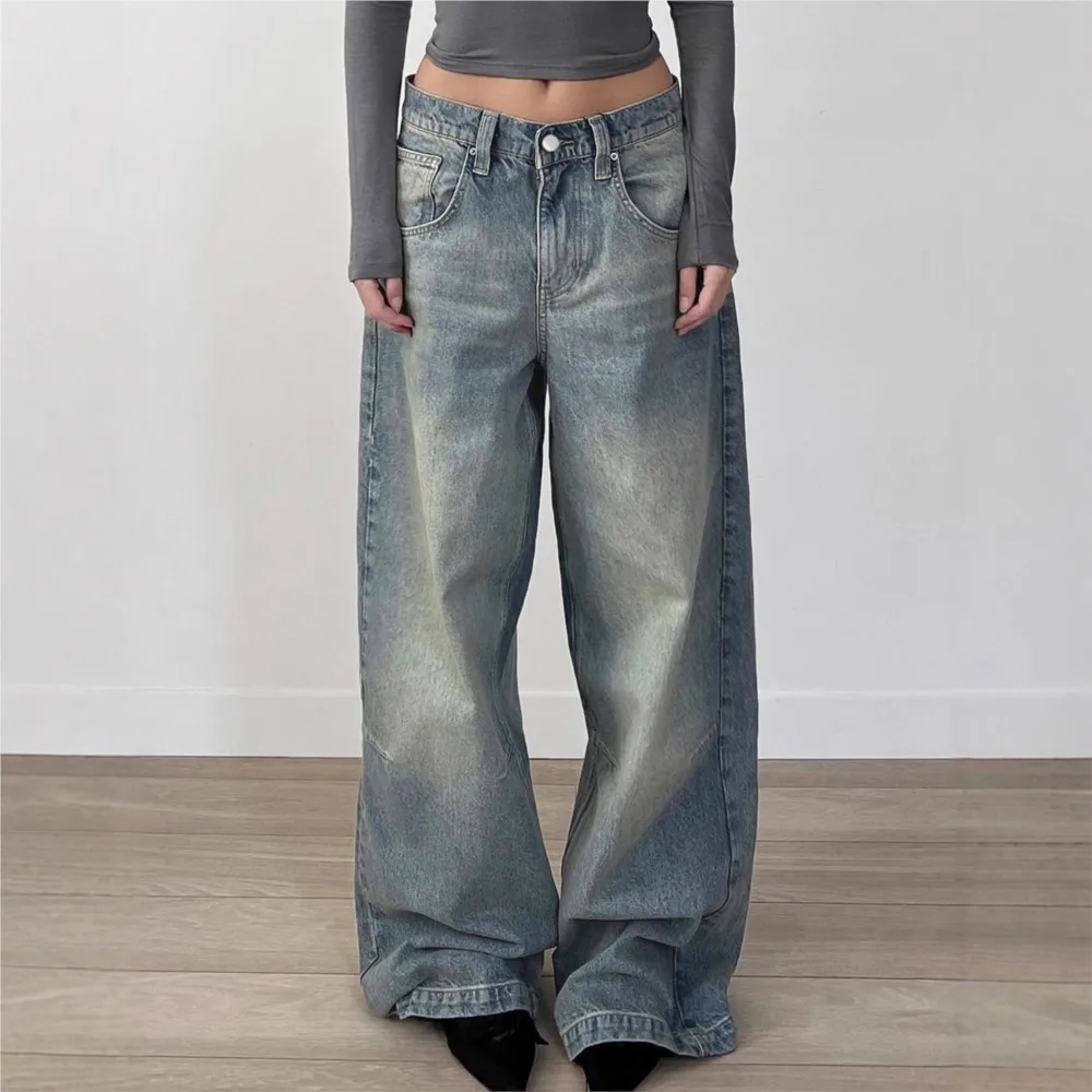 American Baggy Jeans Retro Women's Clothing Straight Pants Low Waist Loose Street Casual All-match Simple Style Fashion Trendy