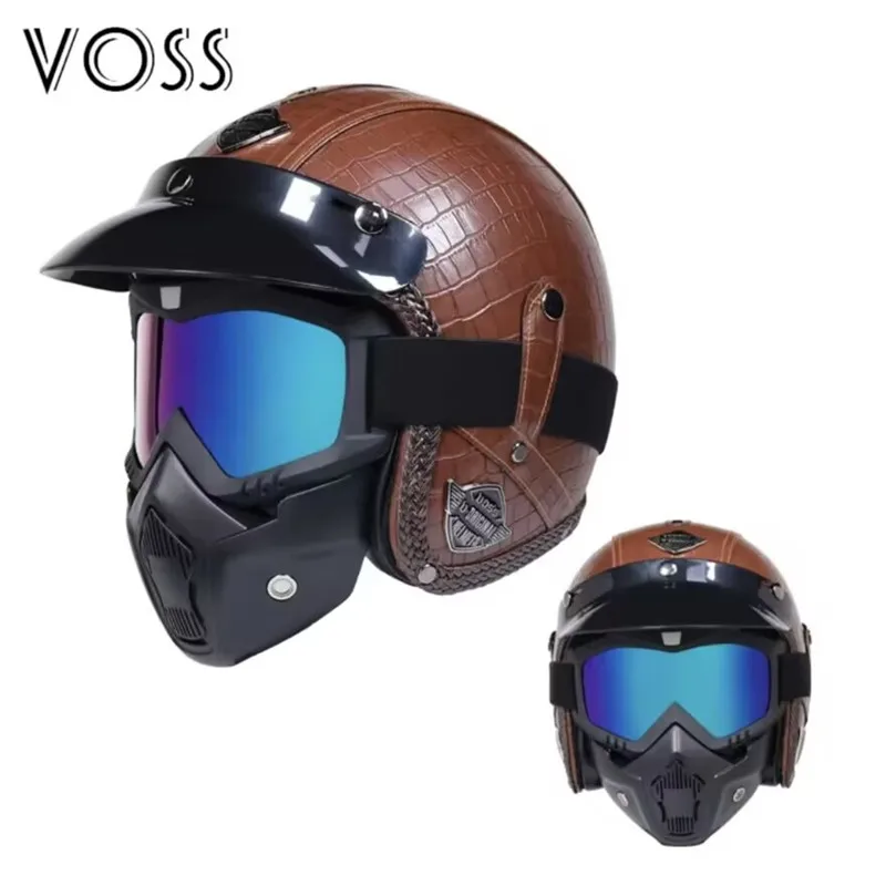 

Pu Leather 3/4 Motorcycle Chopper Bike Helmet Open Face Vintage With Goggle CE DOT Approved S M L XL XXL SIze