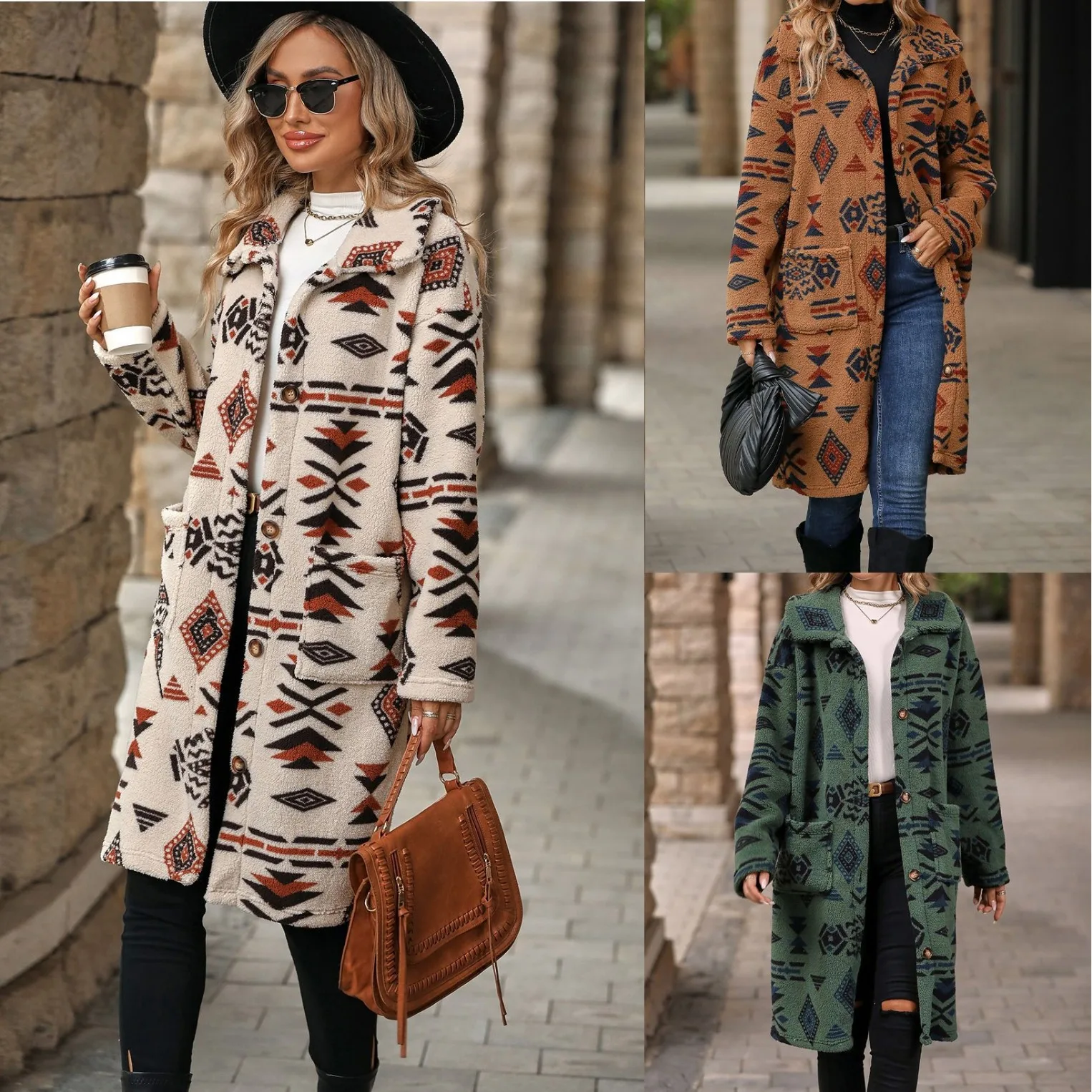 

anFur 2023 Autumn Winter New Women's Long Single Button Print Plu Coat Ethnic Sle Loose Fit Polyester Fiber Coat