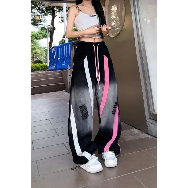 Elastic Waist Casual Women\'s Clothing Korean Hole Streetwear Drawstring Printing Fashion Loose Trend Patchwork Wide Leg Pants