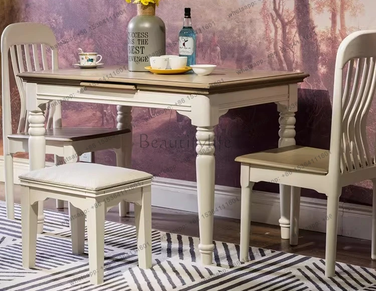 American small apartment retractable solid wood dining table Mediterranean pastoral light luxury