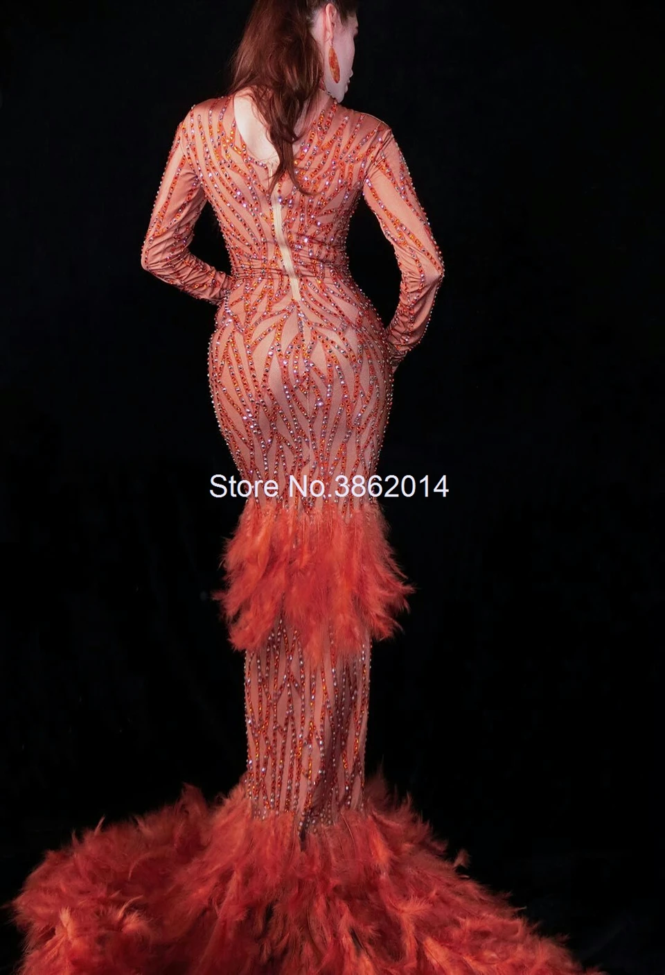 New Sparkly Orange Rhinestones Feather Dress Birthday Celebrate Women Party Dress Prom Evening Stage Singer Long Tail Dress