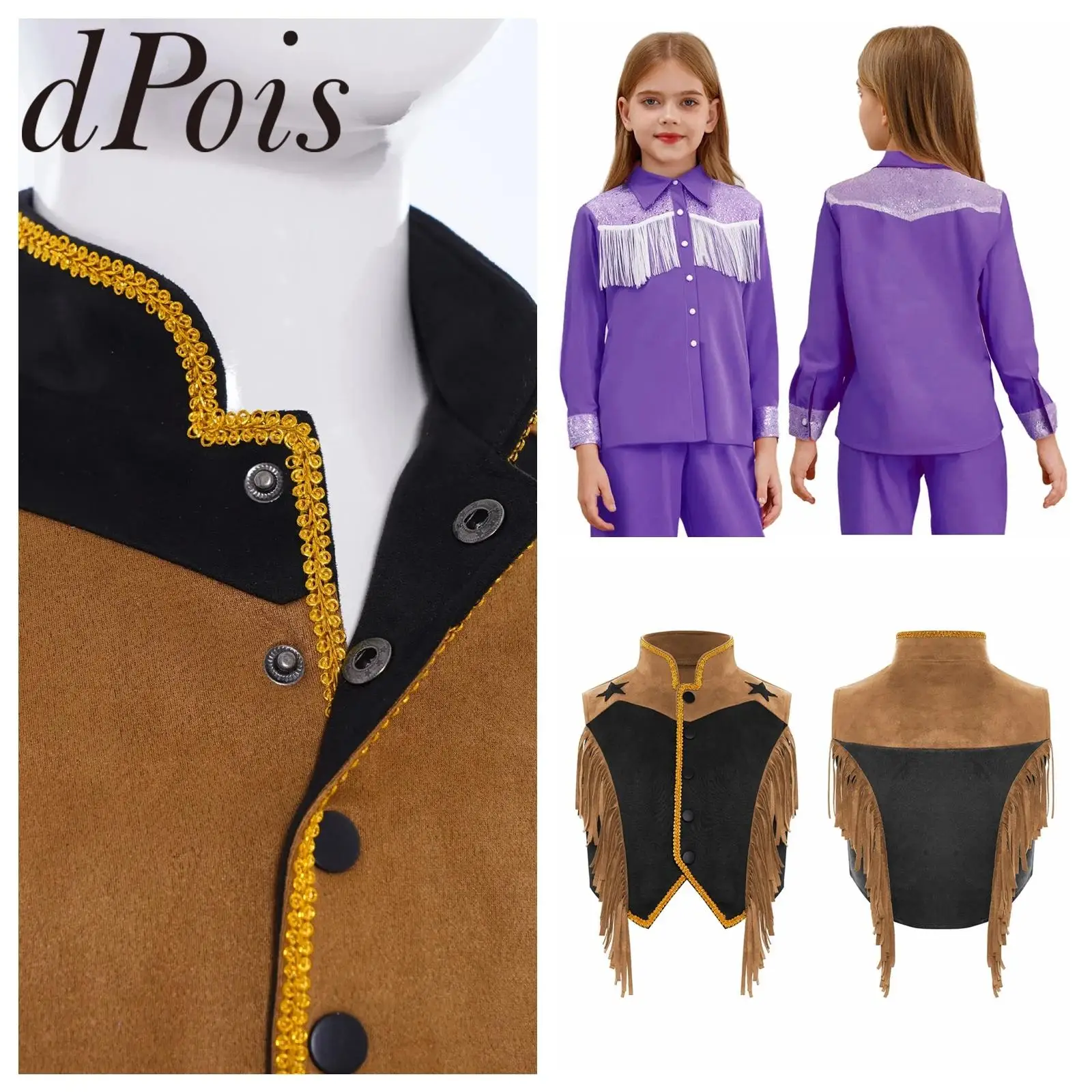 

Kids Girls Western Cowgirl Costume Lapel Long Sleeves Button-down Shirt Shiny Sequins Fringe Shirt Dress Up Halloween Costume
