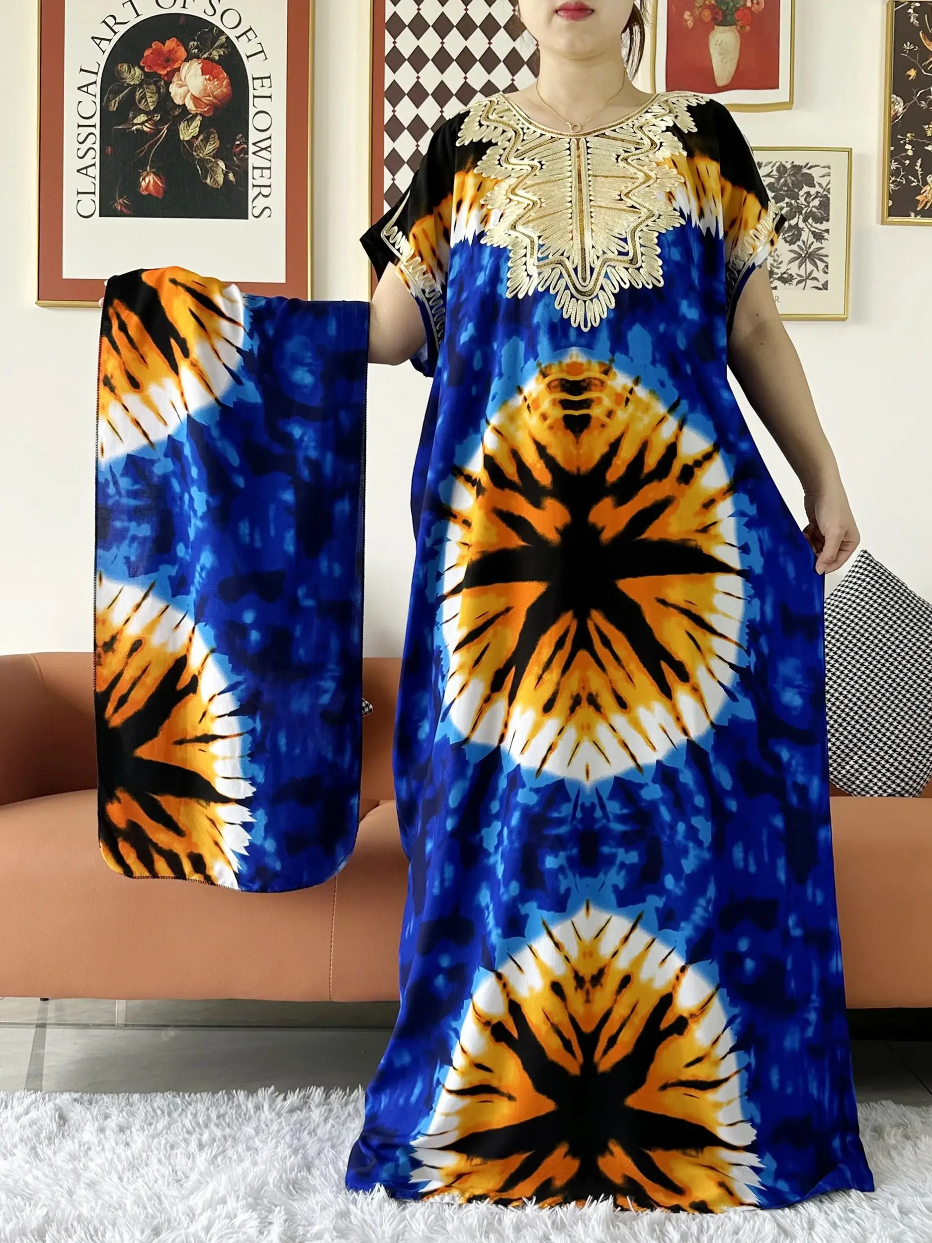 2024 Summer African Lady\'s Short Sleeve Abaya Dashiki Tie-dry Cotton Sequins Floral Printing Loose Caftan Dress Casual Vestido