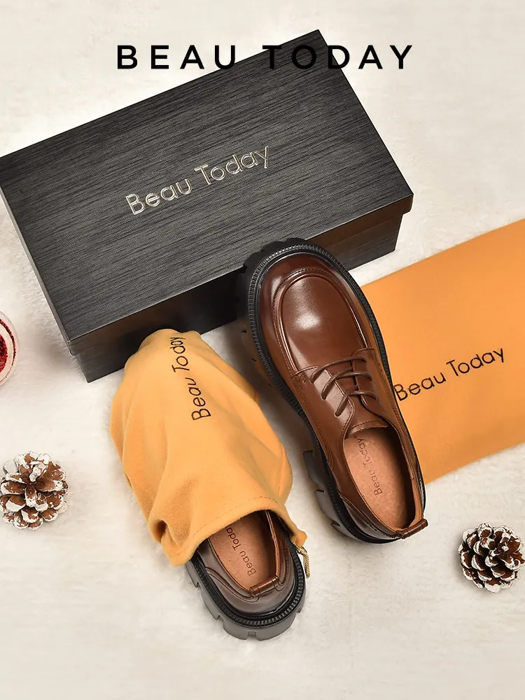 BeauToday Casual Shoes Women Cow Leather Derbys Round Toe Lace Up Thick Sole Ladies Dress Flats Handmade C21894