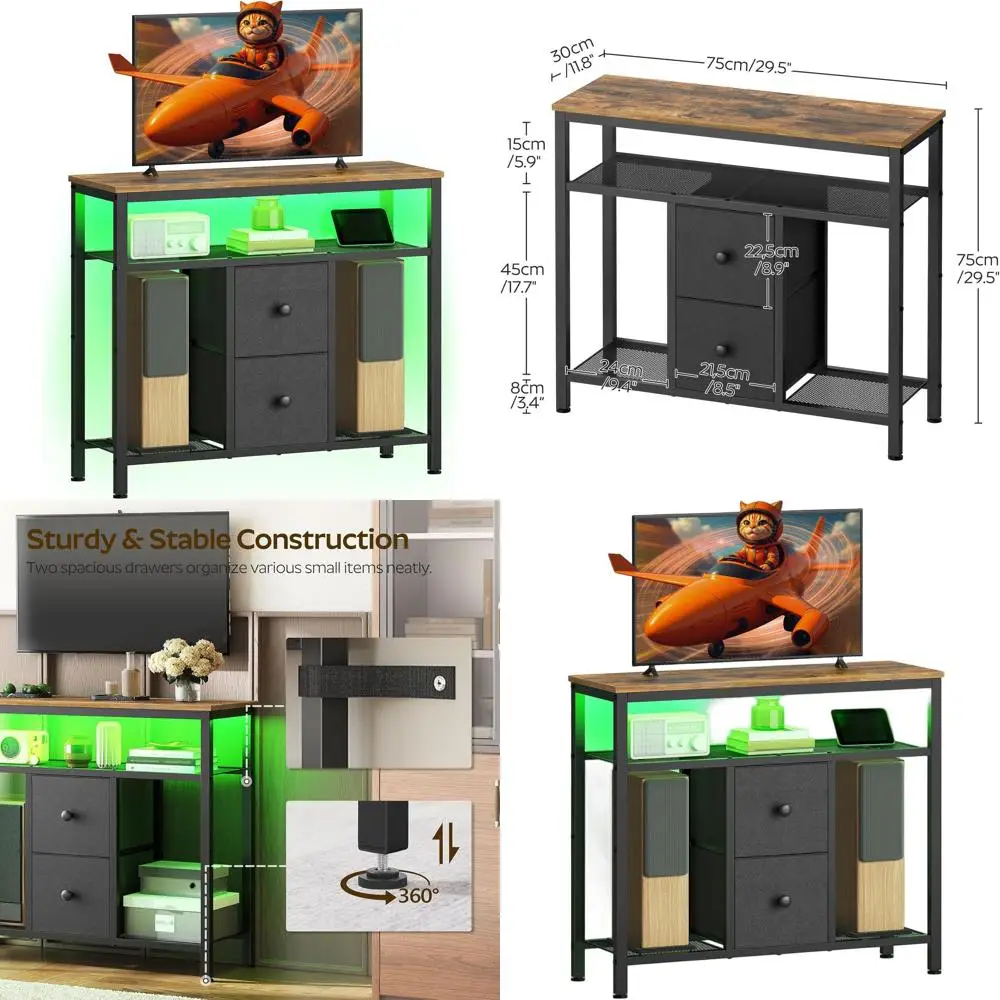 

Тумба под телевизор со светодиодной подсветкой, медиаконсоль в стиле комода, высокий шкаф для развлечений с тканевыми ящиками, мебель для гостиной/спальни, черный цвет