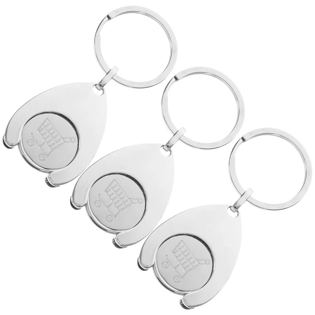 3 Pcs Trolley Cart Token Shopping Coin Keychain Pendant Rings Decorate Ornament Remover Silver