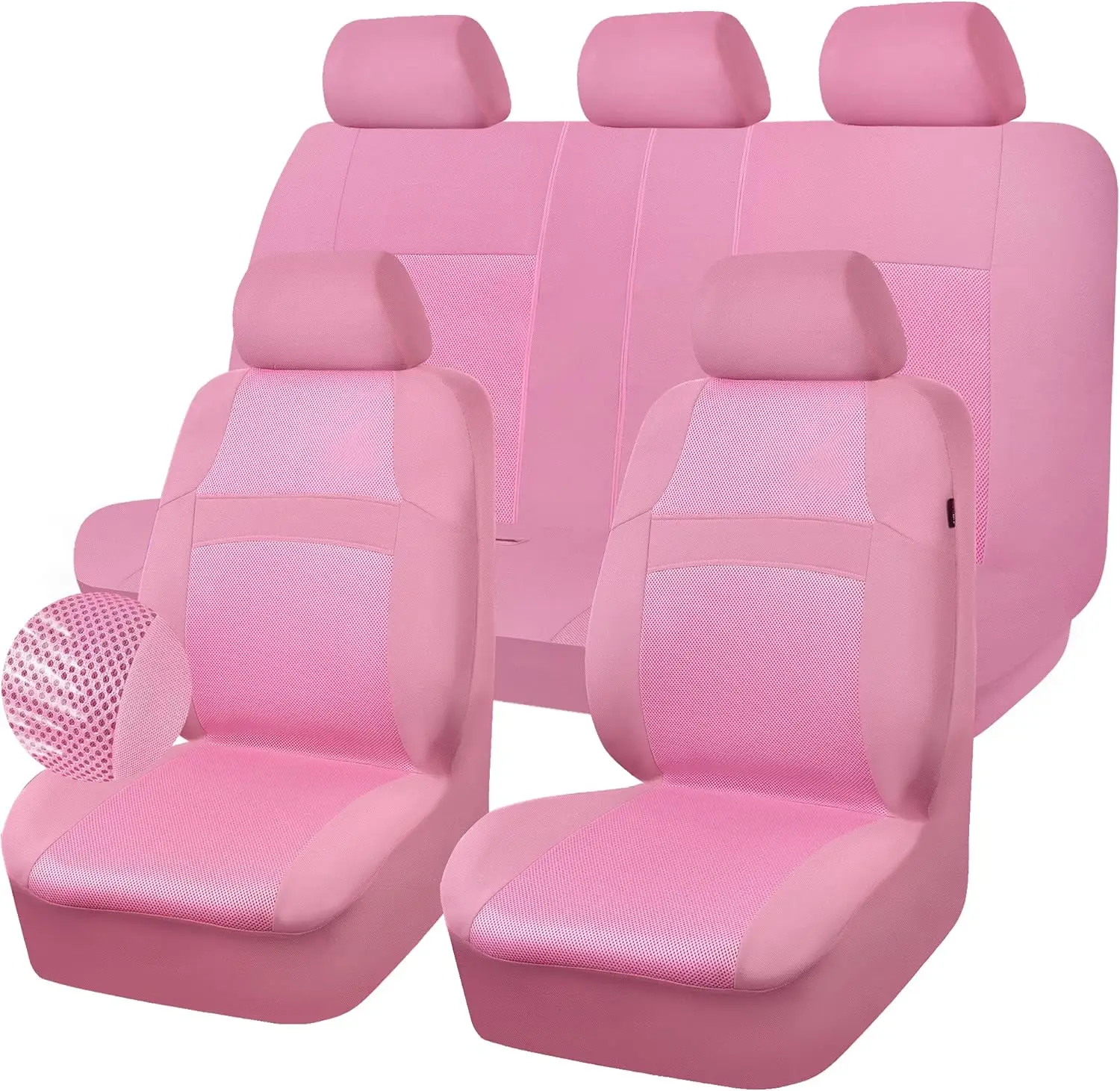 Juego completo de fundas de asiento de coche rosa, malla de verano transpirable con esponja de 5 mm, lindo para mujeres, ajuste universal para camiones SUV Vans Sedans