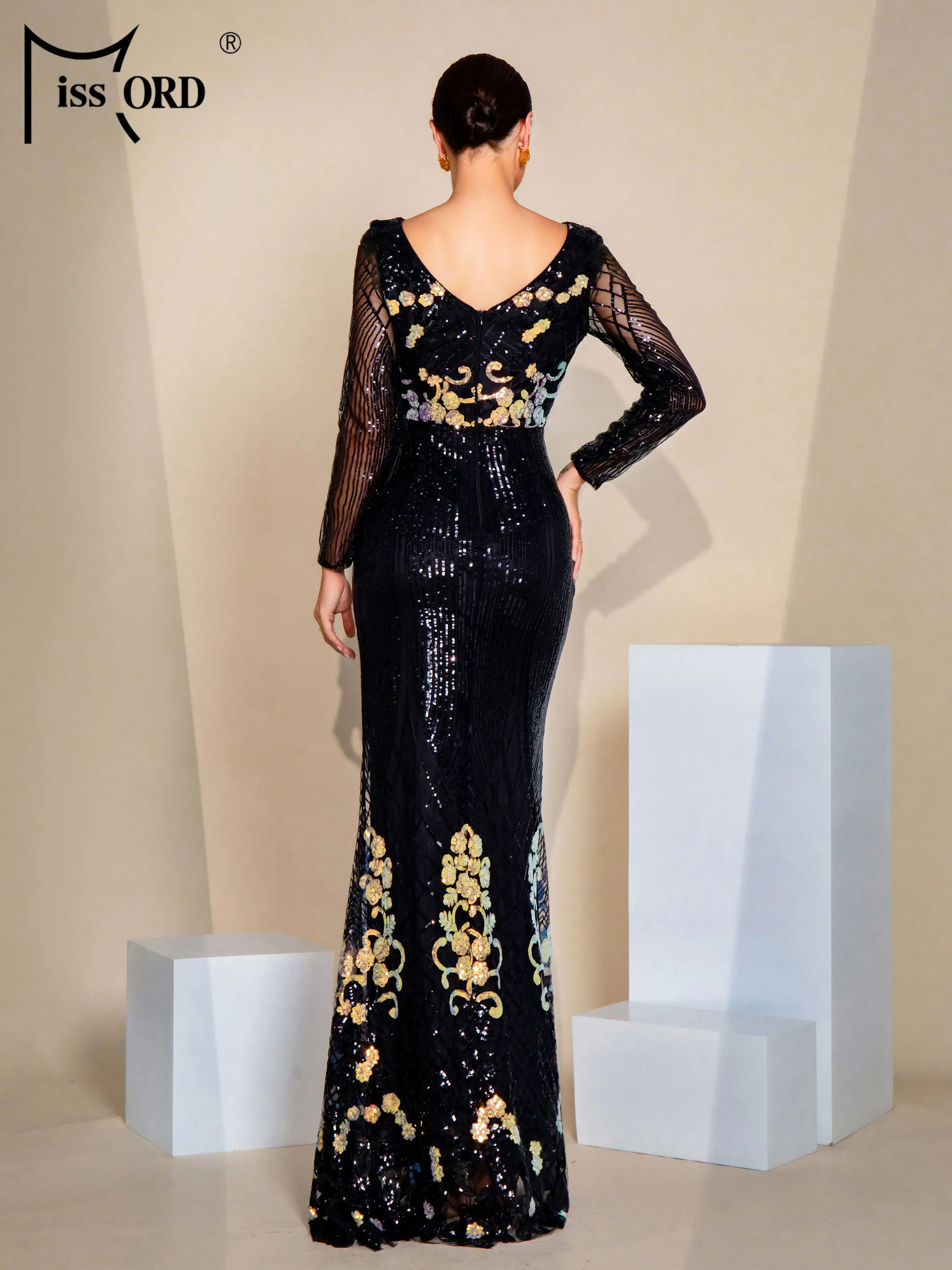 Missord Sexy Chic Elegant Woman Dress Round Neck Long Sleeved Sequin Mermaid Evening Gown Black Formal Occasion Dresses