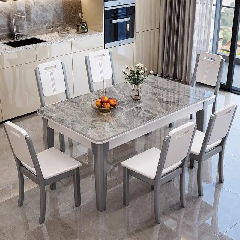 

Solid wood rock slab dining table and chair combination modern simple light luxury household small apartment rectangular