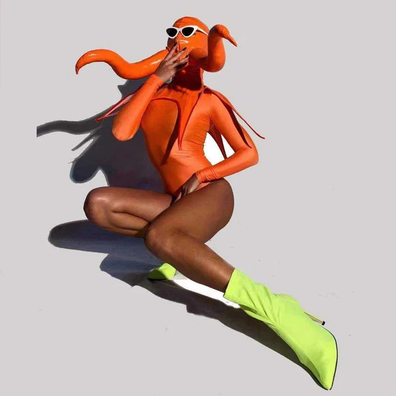 أنثى البرتقال ارتداءها الهذيان اكسسوارات أغطية الرأس ملهى ليلي DJ DS ارتداء أداء زي الأخطبوط الزي GOGO ملابس رقص