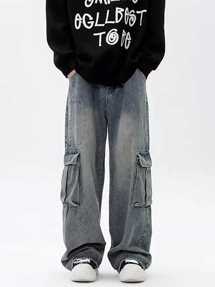 Men Jeans Cargo Pants Trousers Oversized Y2k Hip Hop Streetwear Grunge Punk Vintage Wide Leg Denim Baggy Korean Popular Clothes