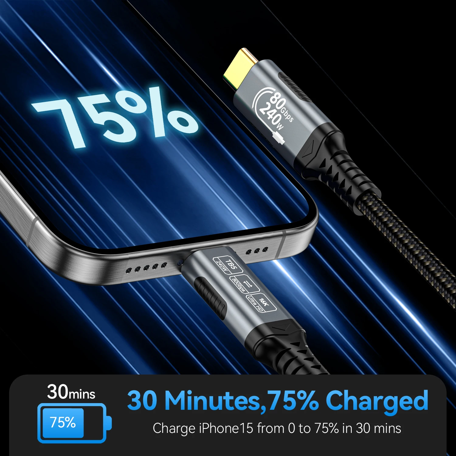 Kabel USB-C 16K USB4 80Gbps PD240W do Thunderbolt 5, pełnozawodny kabel szybkiego ładowania Thunderbolt 4/3 USB C do C do transferu danych — zdjęcie produktu 4