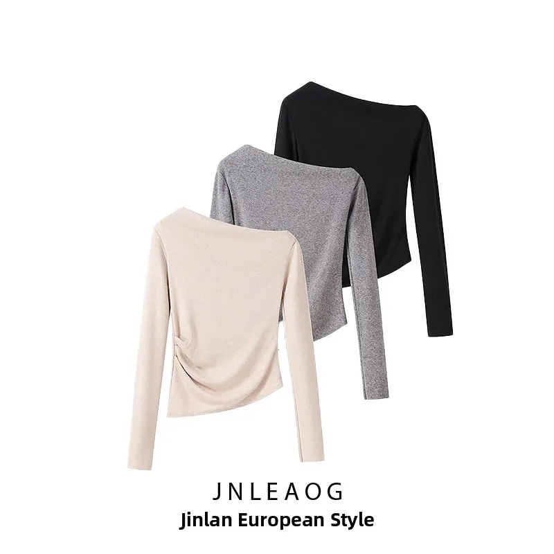 

JNLEAOG Autumn New Women's Knitted Off-oulder Top Simple Sle Versatile Streetwear Long Sve Polyester Fiber T-irt