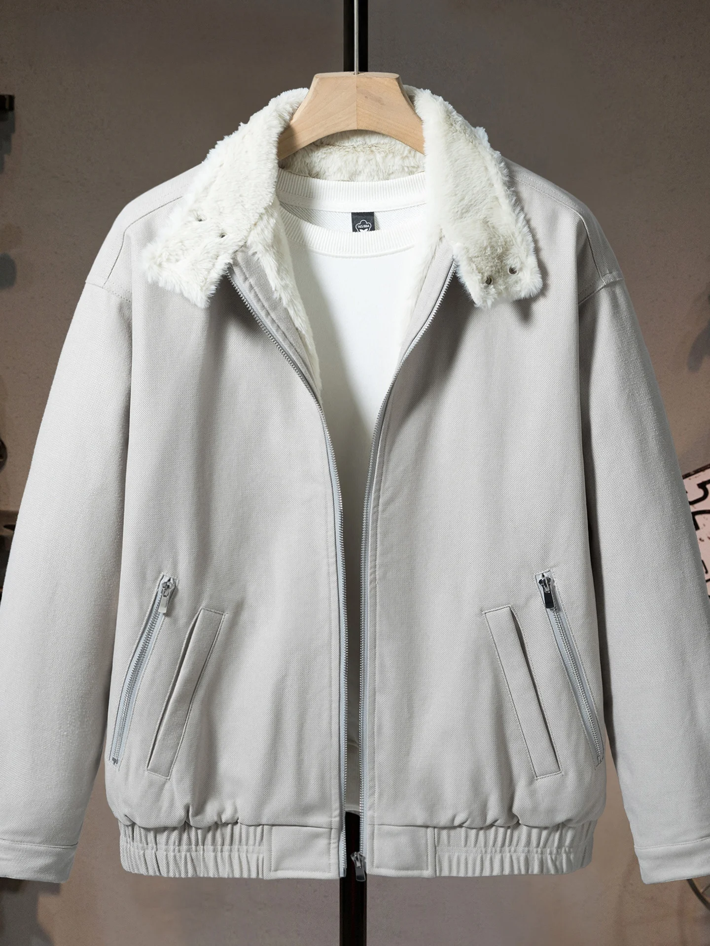 

Men's Winter Thiened Faux Rabbit Fur Collar Cotton Jaet Warm Casual Sle Long Sve Zipper Closure Coat for Outdoor And...