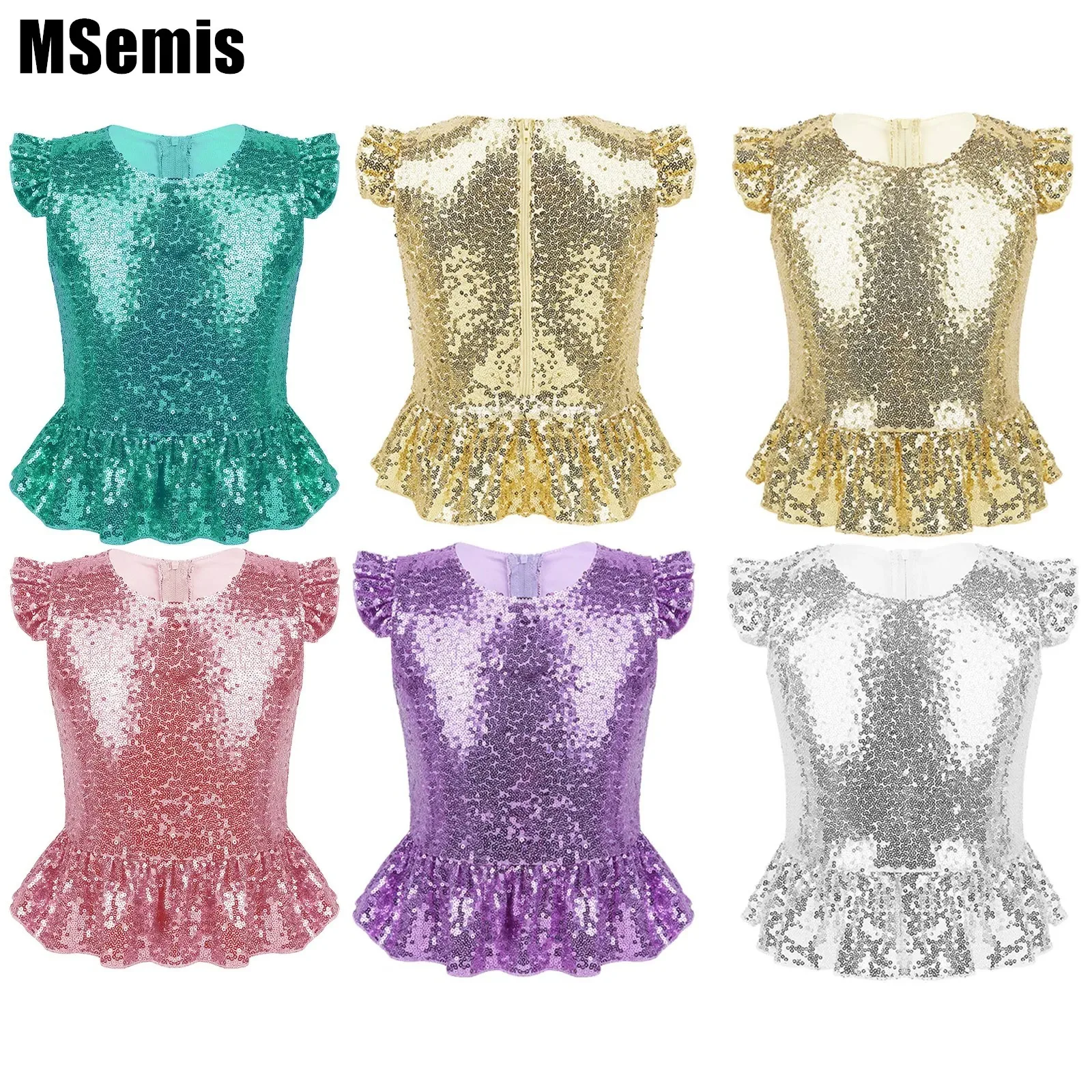 

Kids Girls Sequins Mermaid T-Shirts Sparkly Short Flutter Sleeves Full Lined Back Zipper Top for Halloween Carnival Theme Party