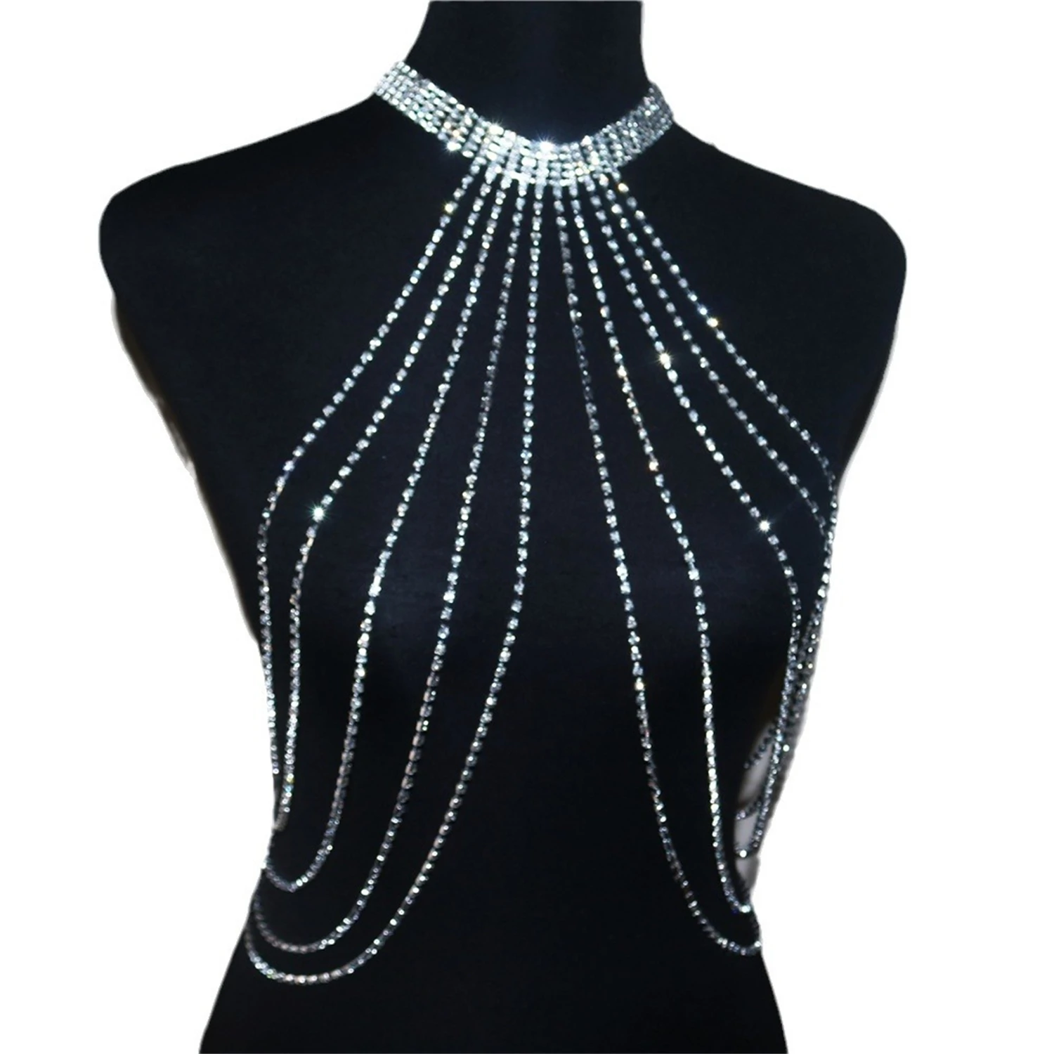 Summer Beach Sexy Rhinestone Bra Body Chain European American Multi layer Long Tassel Necklace Chest Chain Top