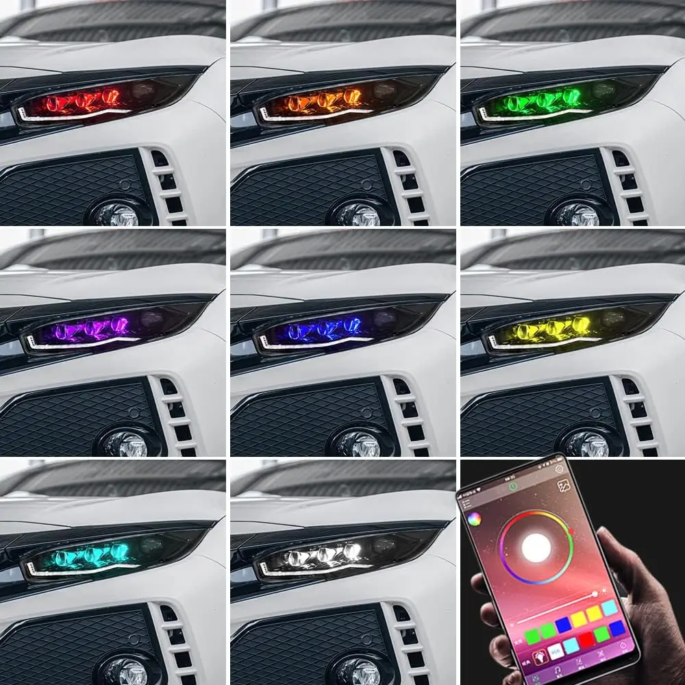 RGB Headlights for Honda Civic 10th Gen 2016-2021 Sedan Hatchback Si Type R Touring Sport EX EX-L LX Sequential Custom Replaceme