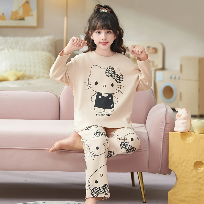 Sanrio-Pijama de algodón puro de Hello Kitty para niños, conjunto de ropa de estar por casa con dibujos animados de oso de fresa, novedad de otoño