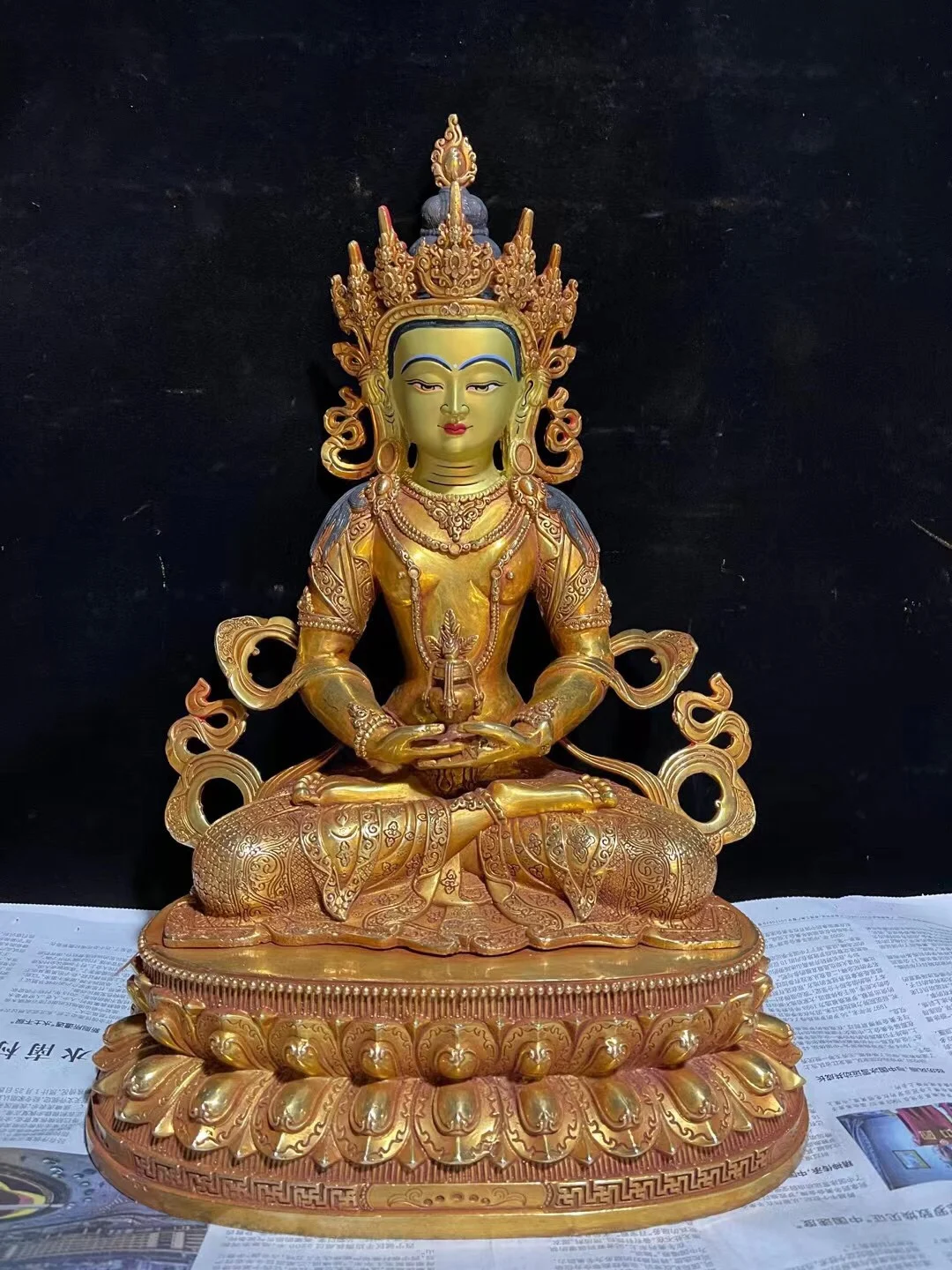 Tibetan craft 15 inch 50cm pure copper gilding Manjusri green Ami Sakyamuni statue ornaments