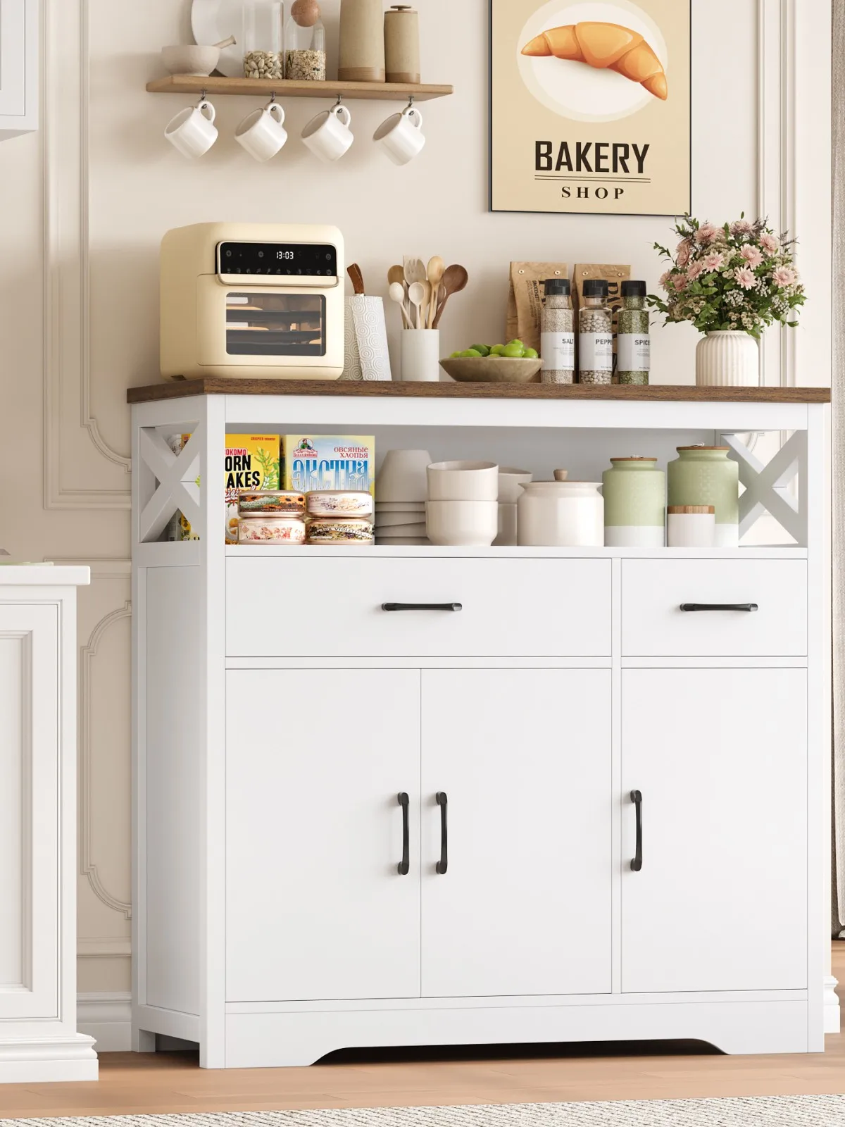 Sideboard, Küchenschrank mit 2 Schubladen und 3 Türen, Küchenkommode, Buffetschrank mit Arbeitsplatte für Wohnzimmer Esszimmer,