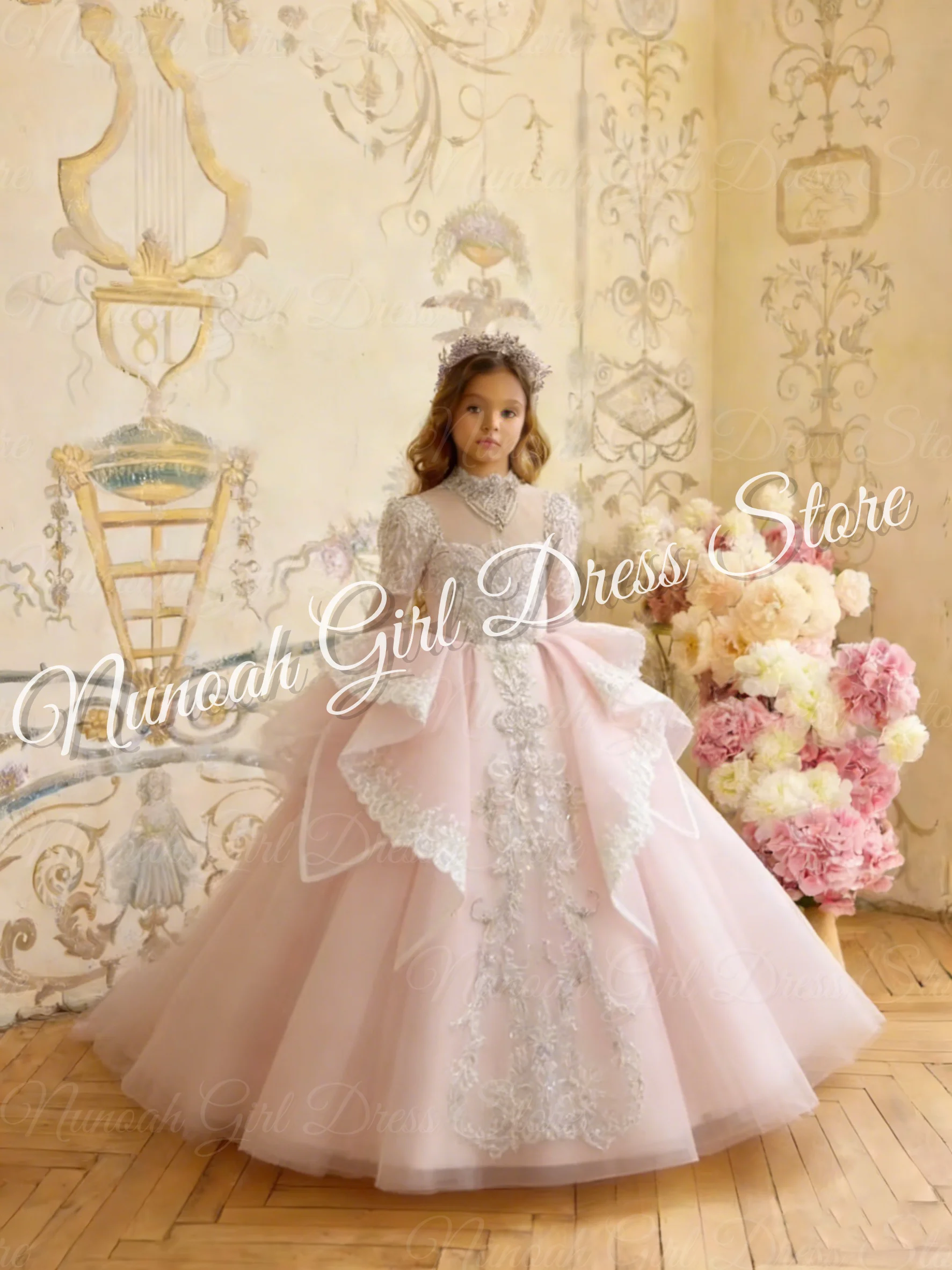 Robes de demoiselle d'honneur à col haut pour mariage, avec des Appliques en dentelle, longueur au sol, robes de fête d'anniversaire pour filles, robes de première Communion personnalisées