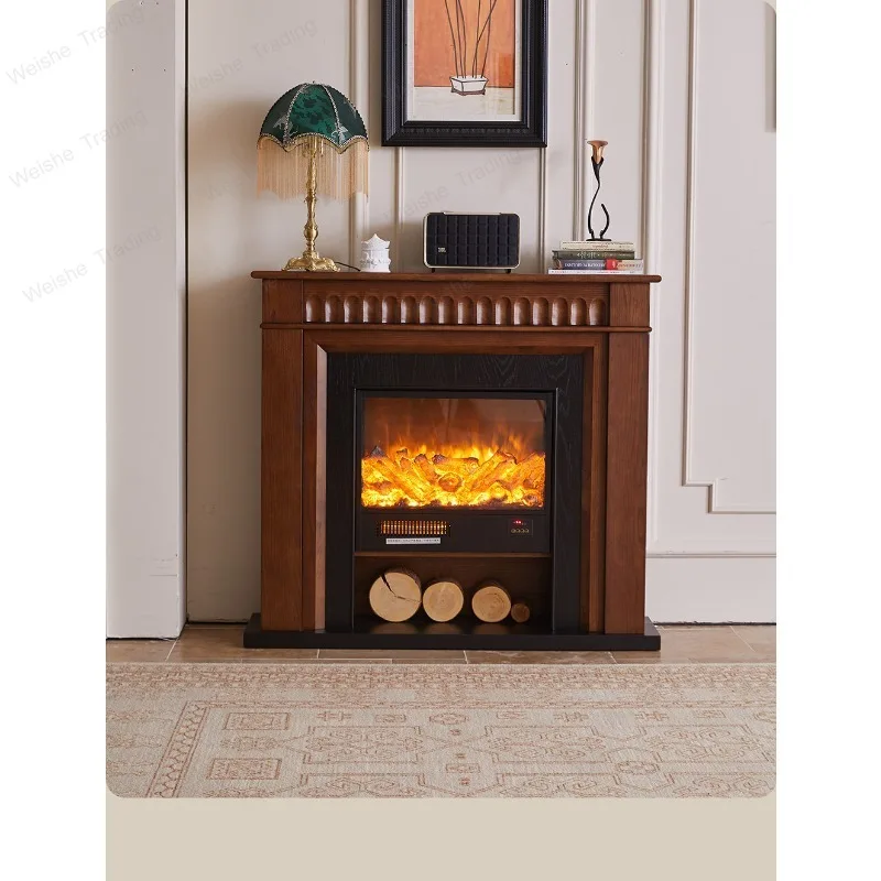 French medieval all-solid wood fireplace decorative cabinet entrance living room American retro fireplace simulation flame