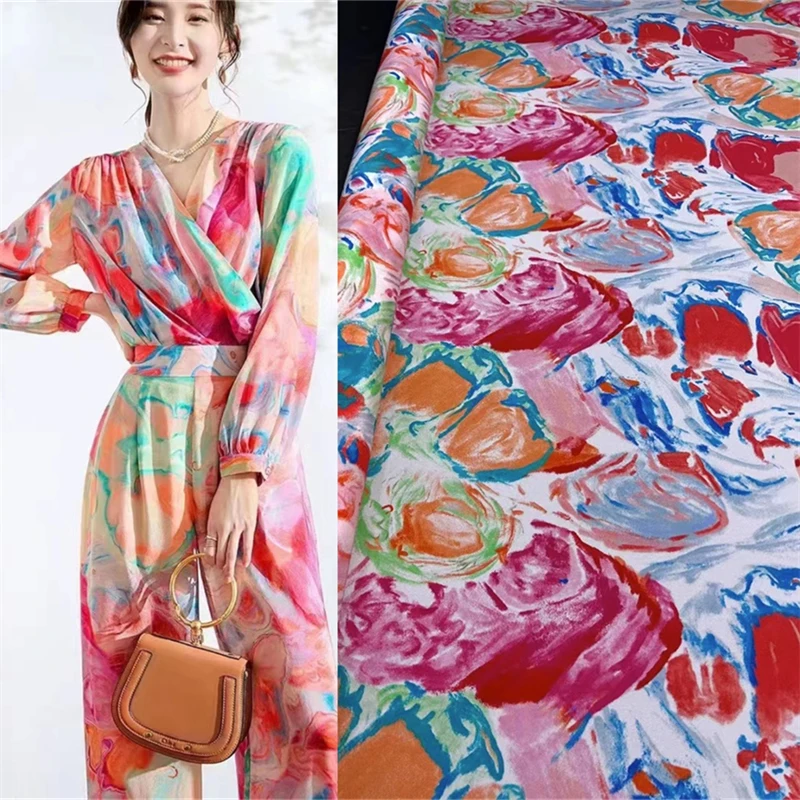 

Colorful Ink Style 1.4-meter Elastic Crepe De Chine Silk Fabric High End Shirt Dress Luxury Mulberry Silk Fabric Satin By Meter