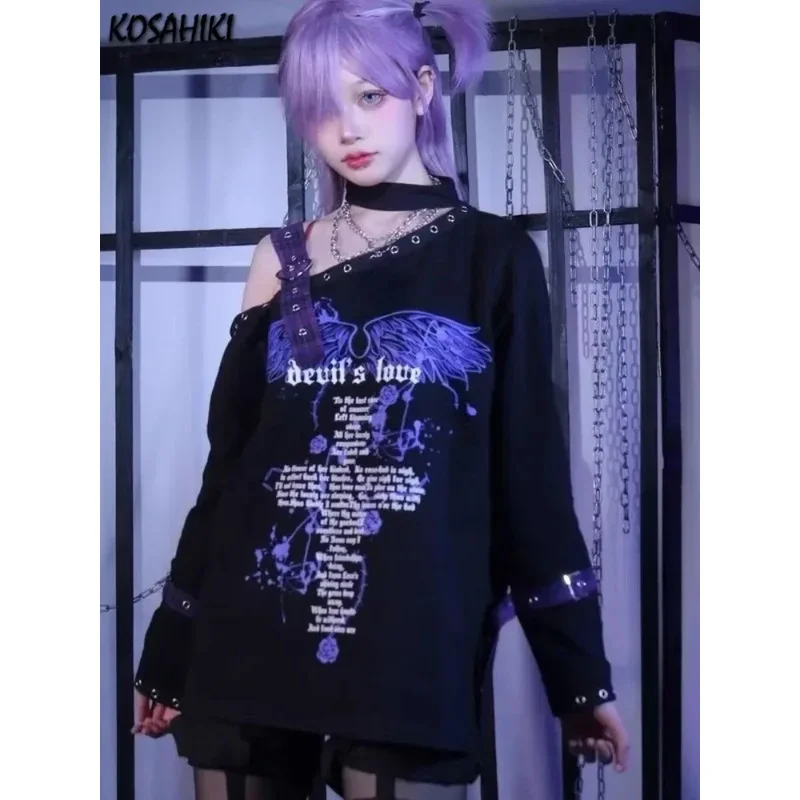 Y2K aesthetic punk off shoulder T-shirt loose Gothic printing Harajuku tshirts grunge vintage streetwear patchwork tee shirts