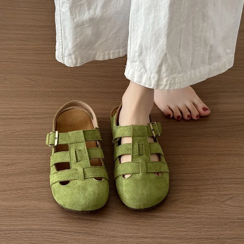 Women's Casual Round Head Flat Shoes Summer New Baotou Cow Suede Metal Buckle Soft Sole Anti-slip Wear-resistant Sandals view 3