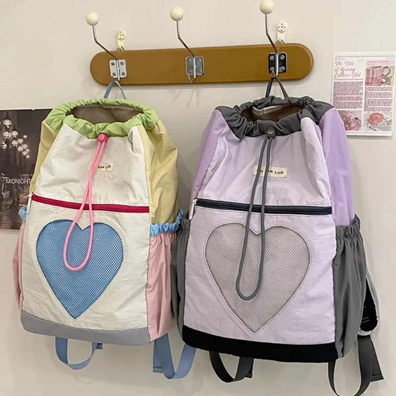 Bookbag for Women Girls Color-Block Daypack Nylon Drawstring Laptop Backpack Adjustable Strap Rucksack for Travel School